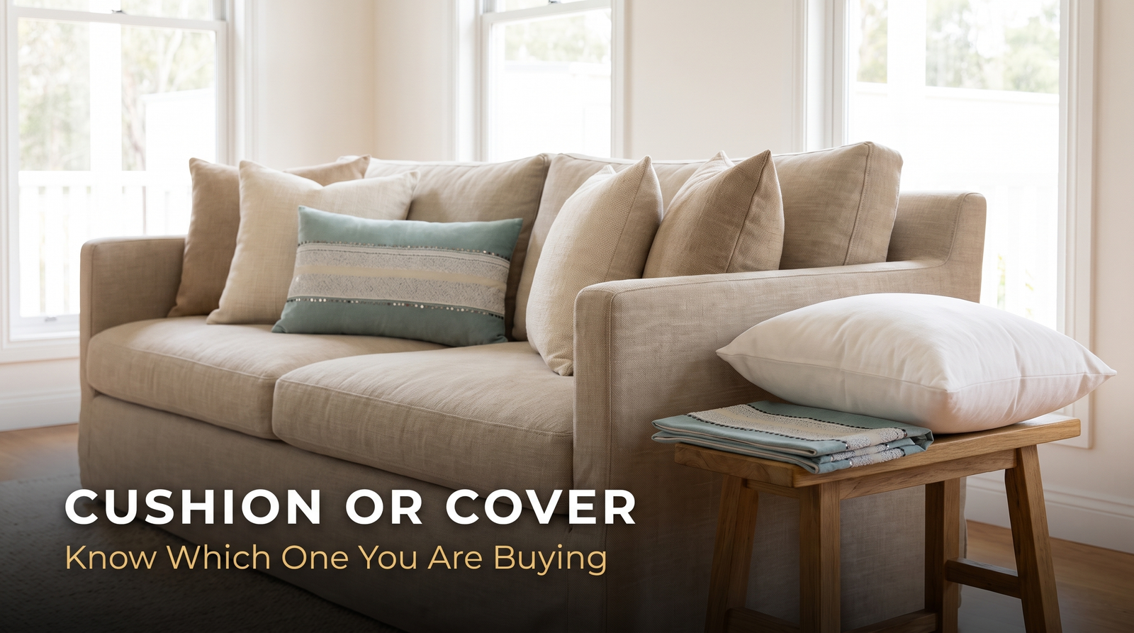 Sofa styled with cushions beside a folded cushion cover and a bare cushion insert