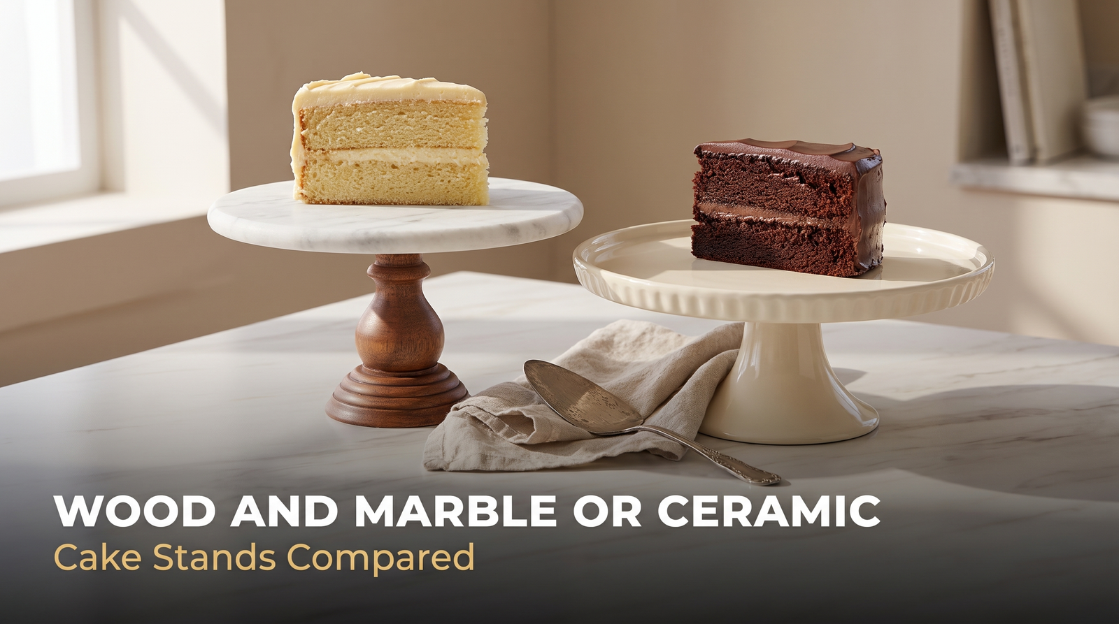 Marble and mango wood cake stand beside a glazed stoneware cake stand, each holding a slice of cake