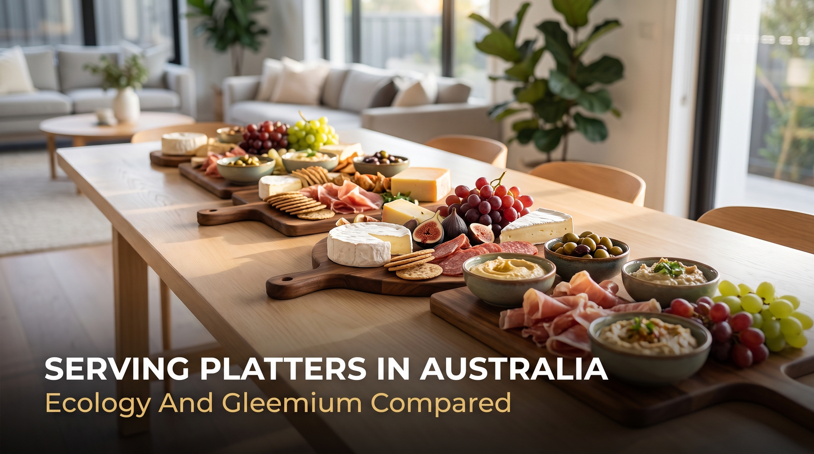 Grazing table set with handmade wooden serving platters and small ceramic dip bowls