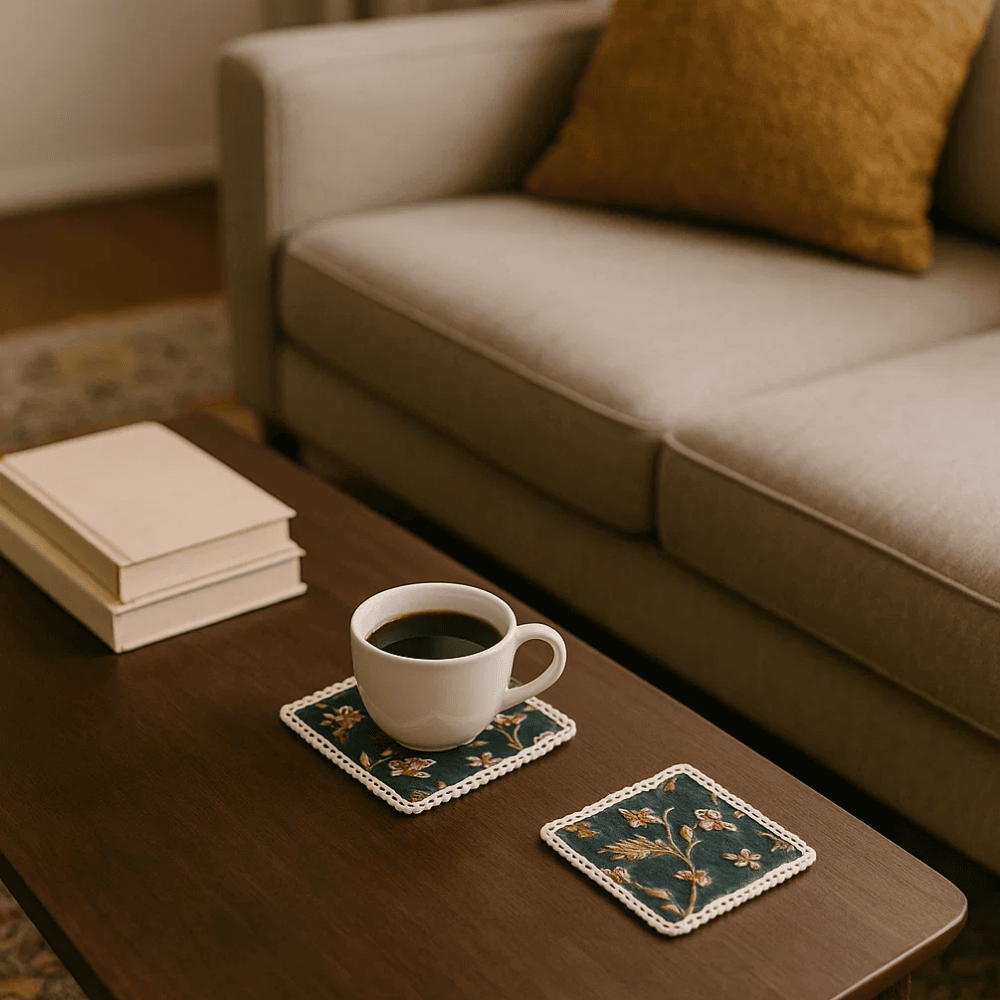 Coffee cup on a patterned coaster beside stacked books on a living room table