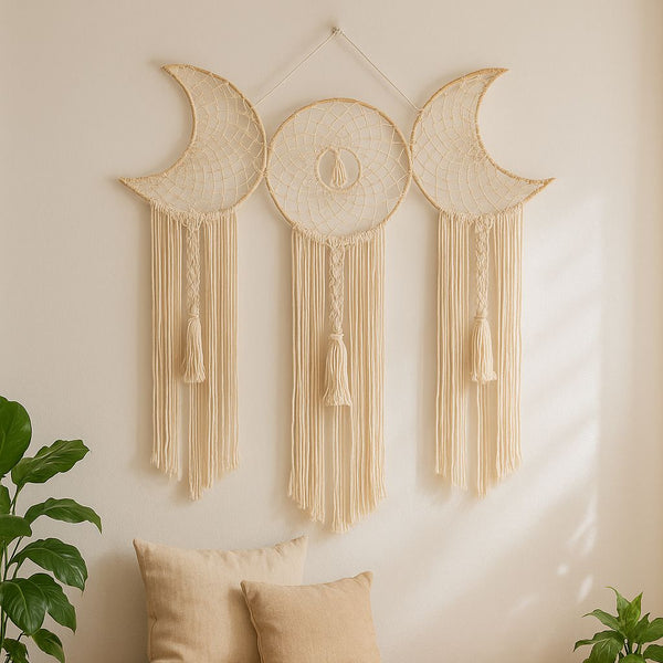 Macrame Moon Wall Hanging | Three Phase Beige Cotton Boho Decor