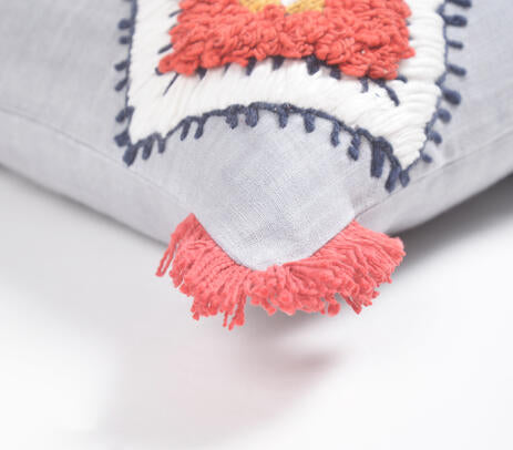 Fringed embroidered cushion cover detail of cotton