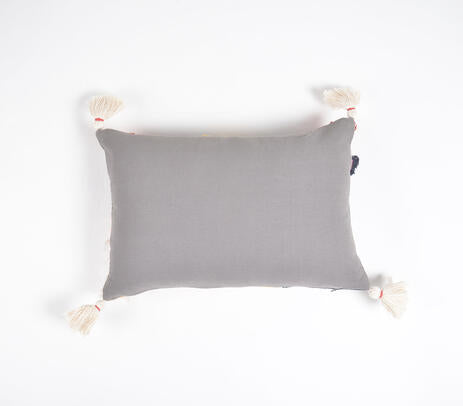 Grey Lumbar Cushion Cover – Abstract Embroidery & Tasseled