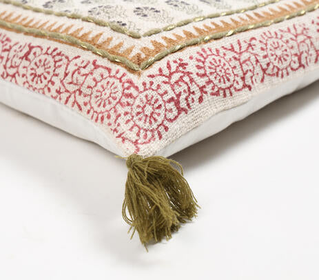 Block printed floral cushion cover paired with other cushions