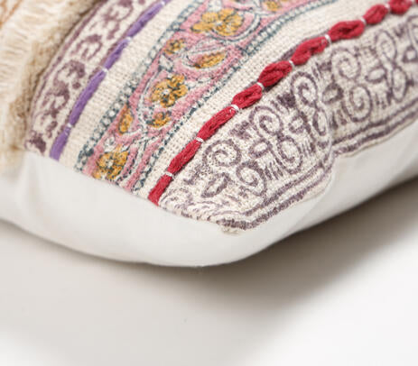 Block printed striped cushion cover in a styled room
