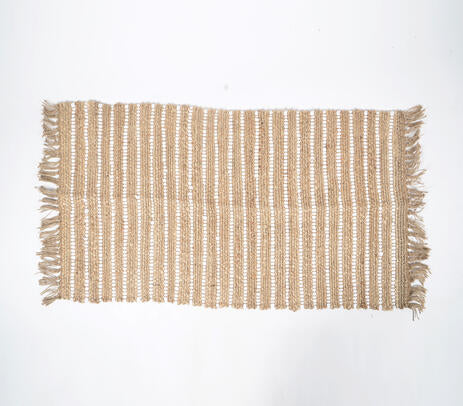 Handwoven Sandy Jute Striped Fringe Rug – Artisan Boho Rug with Rug Fringe Detailing