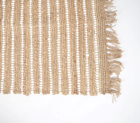 Handwoven Sandy Jute Striped Fringe Rug – Artisan Boho Rug with Rug Fringe Detailing