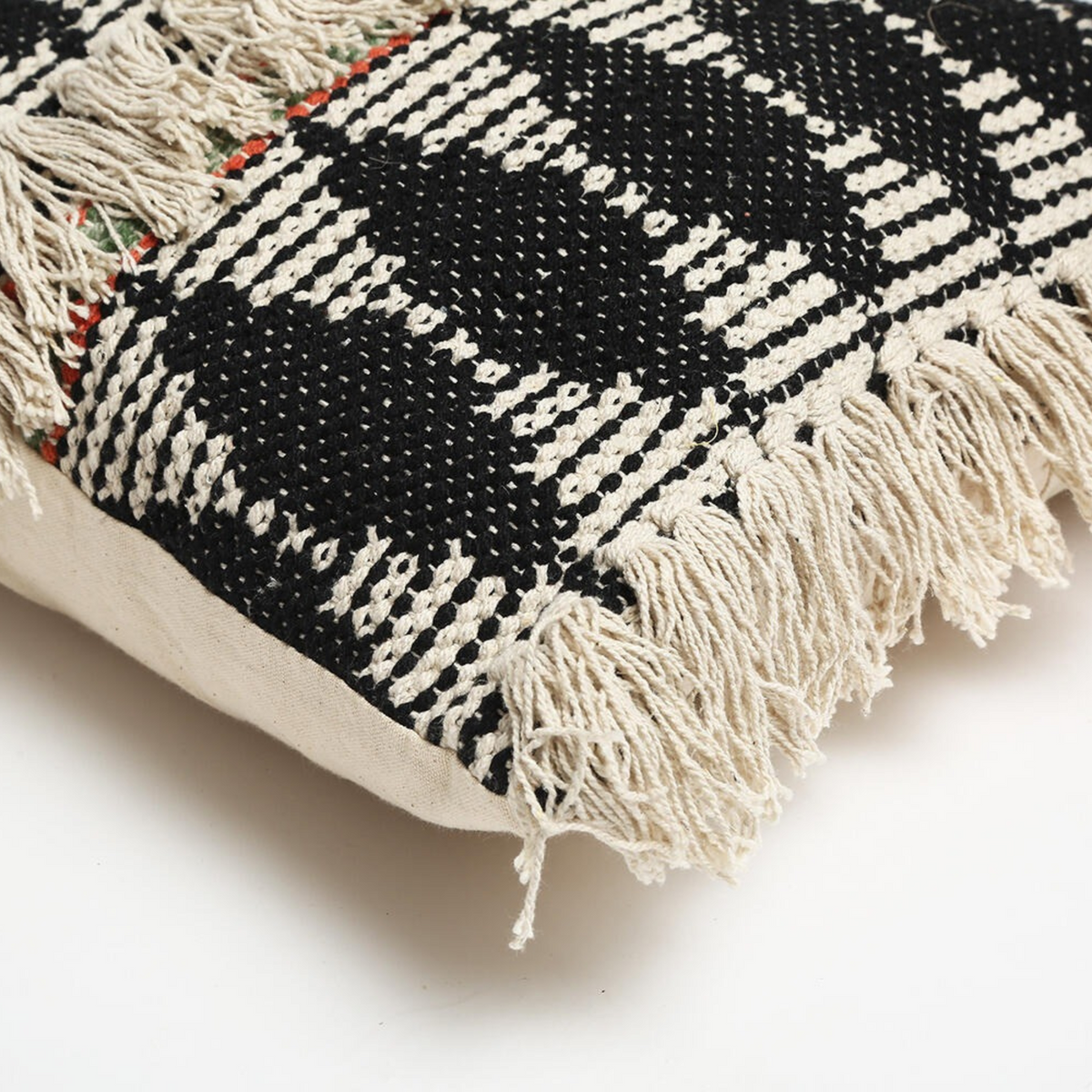 Textured tassel cushion cover full back view