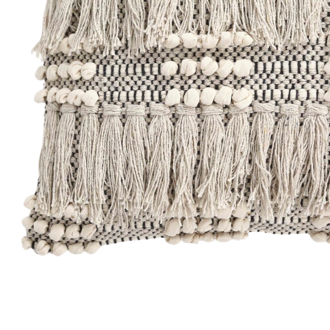 Tufted & Fringed Cotton Cushion Cover – Handwoven Off-White Sofa Cushion Cover with Concealed Zip