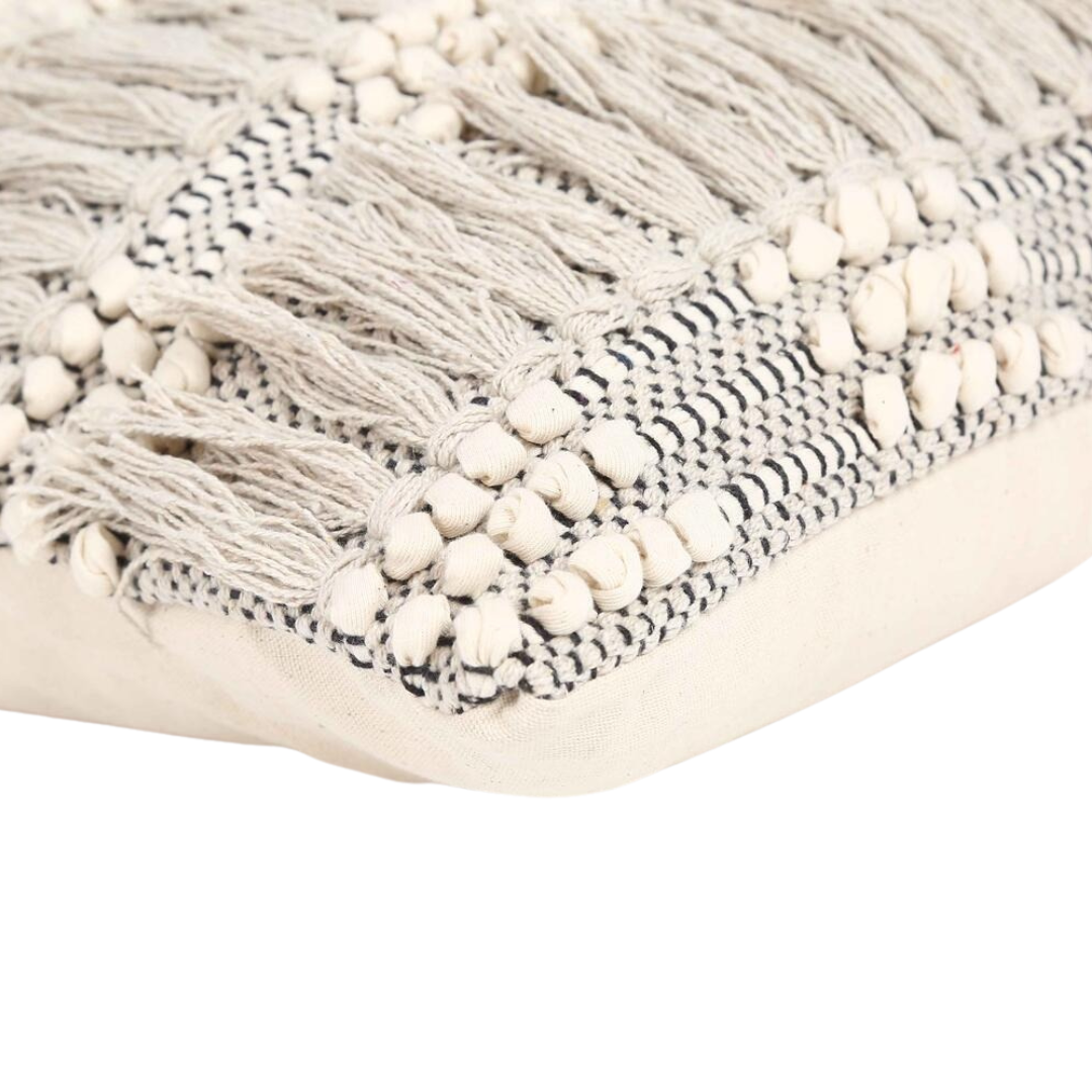 Tufted & Fringed Cotton Cushion Cover – Handwoven Off-White Sofa Cushion Cover with Concealed Zip