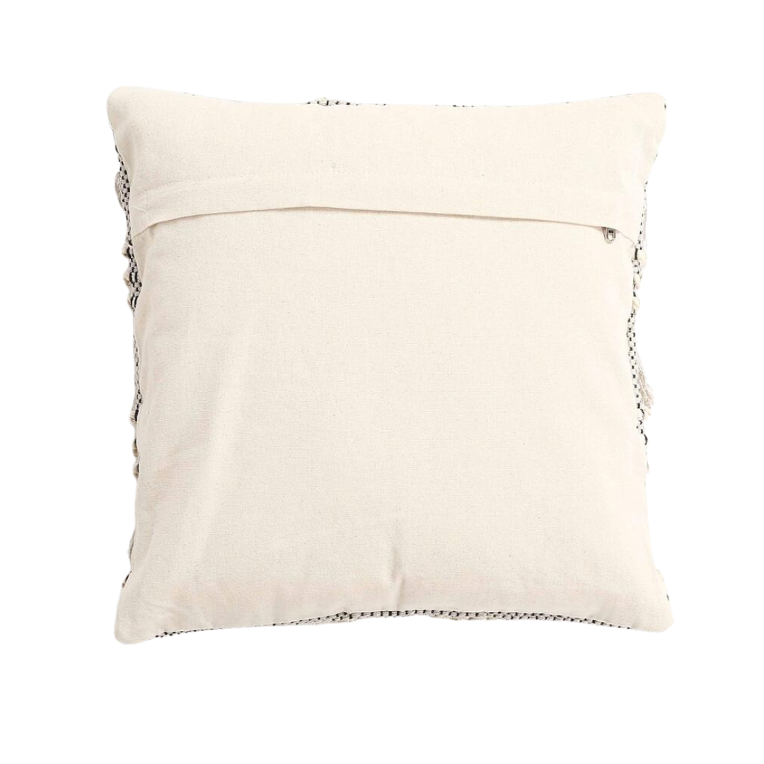 Tufted & Fringed Cotton Cushion Cover – Handwoven Off-White Sofa Cushion Cover with Concealed Zip Gleemium