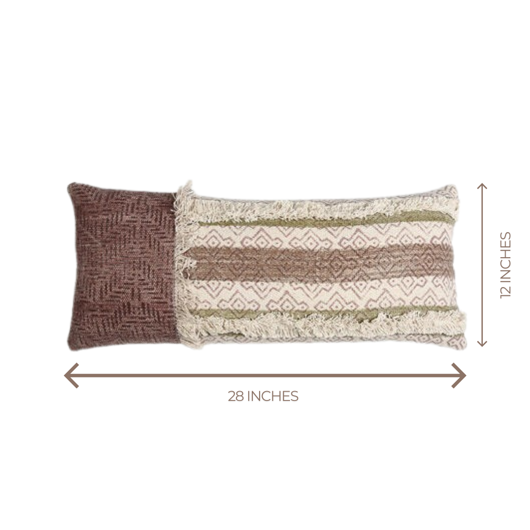 Block printed tufted lumbar cushion cover styled on a bed
