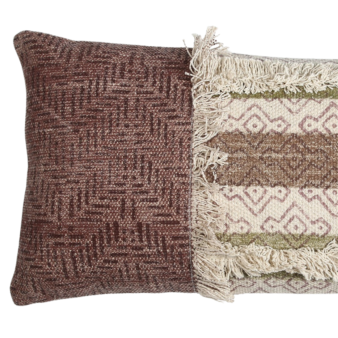 Block printed tufted lumbar cushion cover paired with other cushions