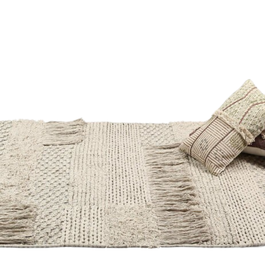 Overhead view of the flat woven rug laid out