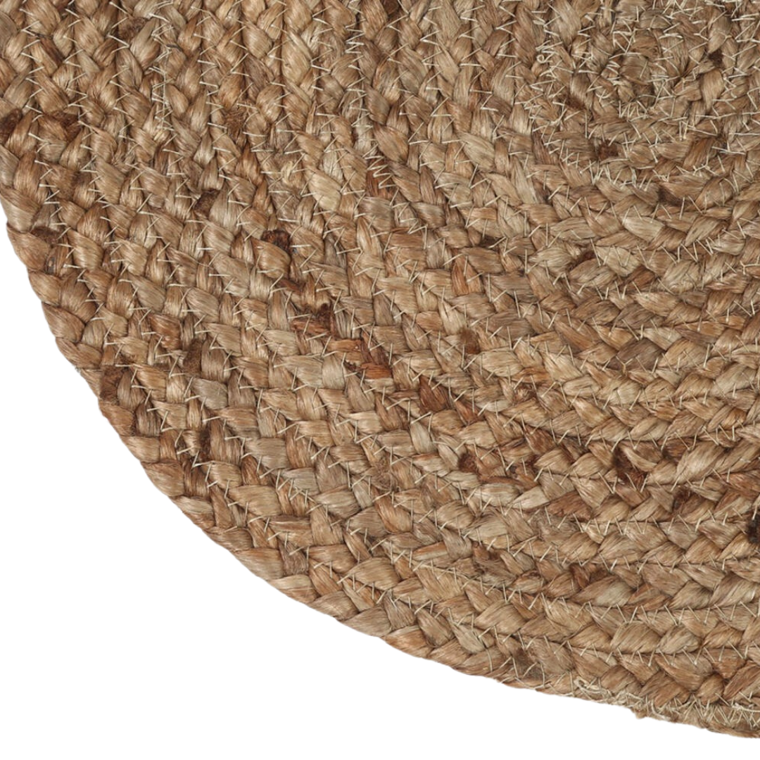 Round jute placemats paired with tableware