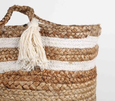 Striped jute basket styled in a room