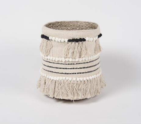 Fringed cotton basket full view