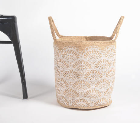 Floral jute basket styled in a room