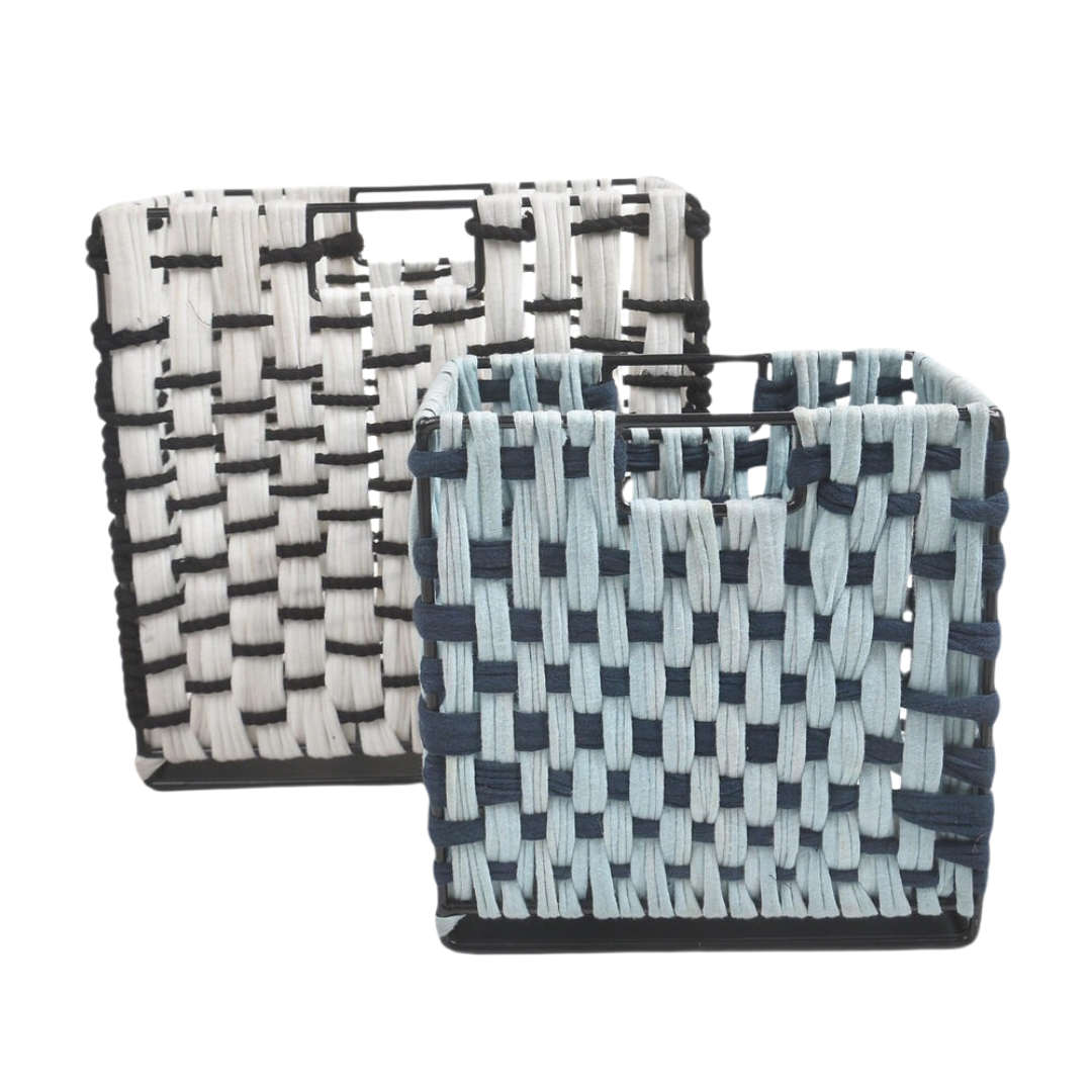 Check cotton baskets flat lay