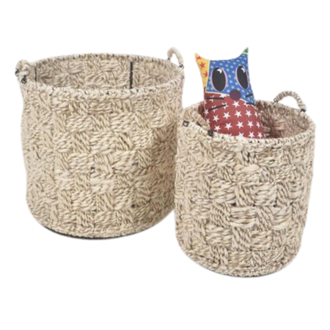 Nesting baskets flat lay with checkered weave