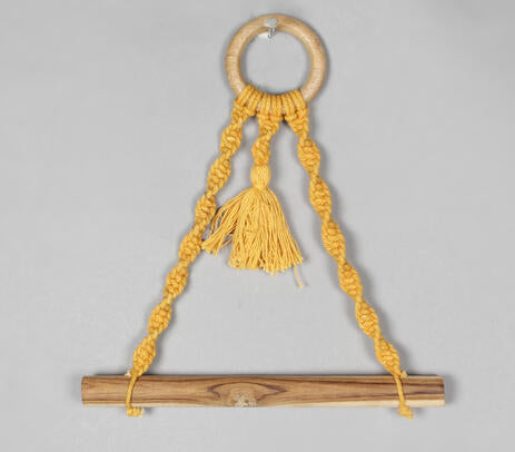 Mustard cotton macrame toilet roll holder angled product shot
