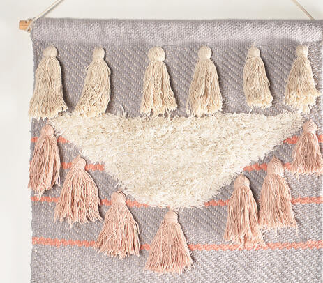 Pastel wool and cotton wall hanging detail of pastel colours