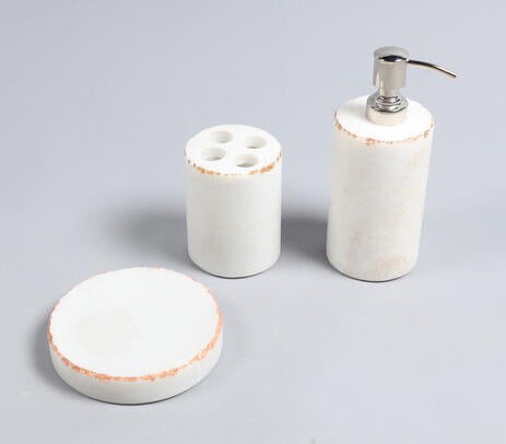 White marble bath accessories set angled product shot