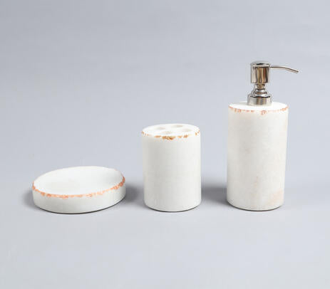 White marble bath set side view showing stone quality