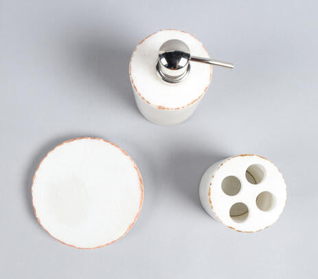White marble bath accessories set flat lay product photo