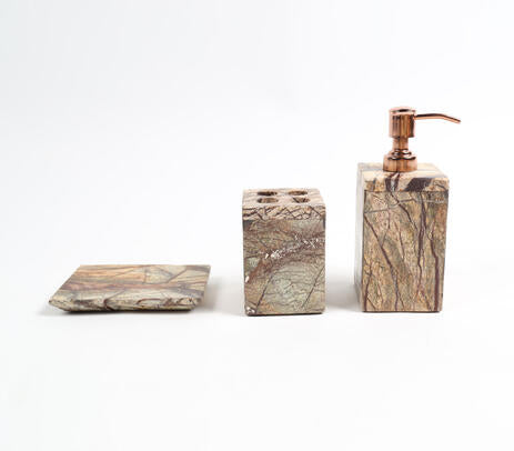 Brown marble bath accessories set angled product shot