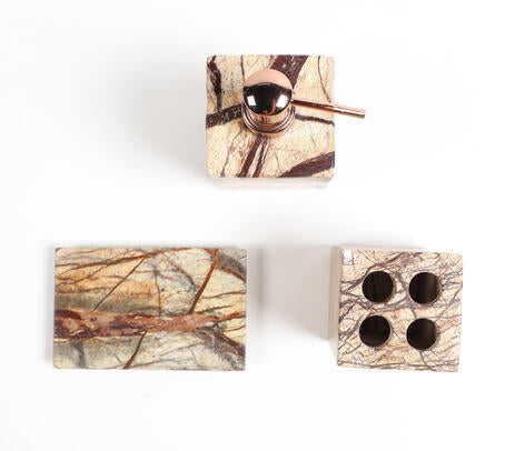 Brown marble bath accessories set product photo on white