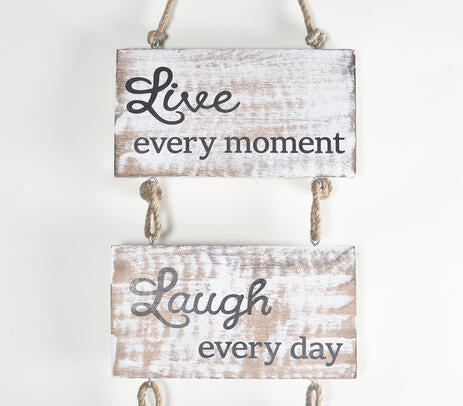 Live Laugh Love wall hanging close-up of the strung panels