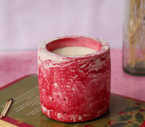 Marbled concrete jar candle angled product shot