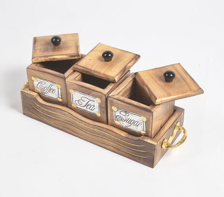 Mango wood storage jars in rustic kitchen