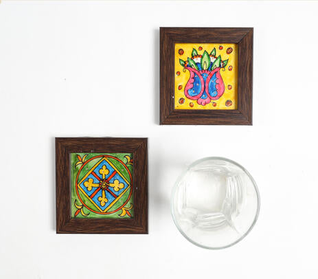 Hand painted leather coasters close-up of frame