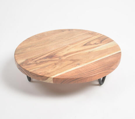 Acacia and iron cake stand angled product shot