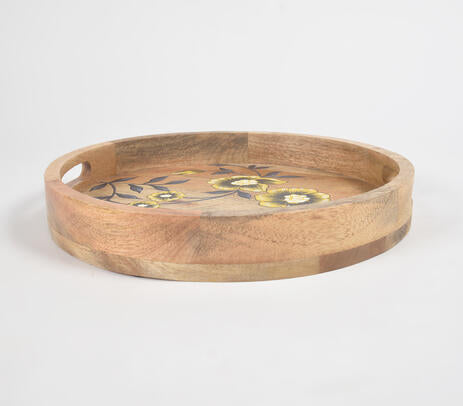 Printed mango wood tray styled on a dining table
