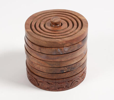 Round wooden coasters full set view