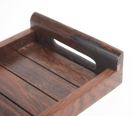 Rosewood serving tray paired with tableware
