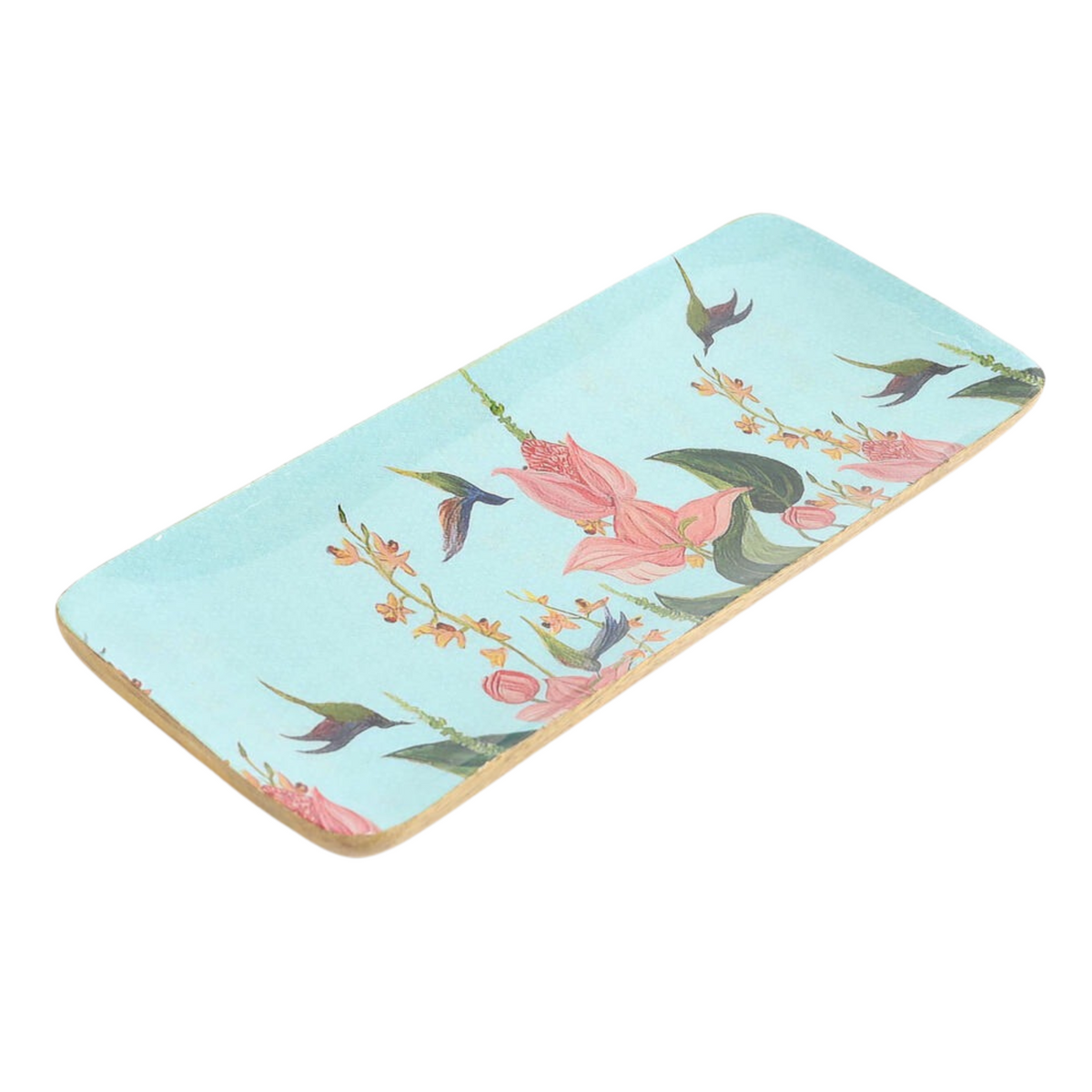 Floral wooden tray styled on a dining table