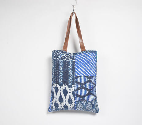 Indigo patchwork tote bag lifestyle shot
