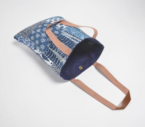 Indigo patchwork tote bag full view