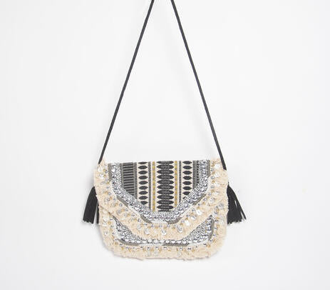 Metallic Sequin Embellished & Fringed Sling Bag