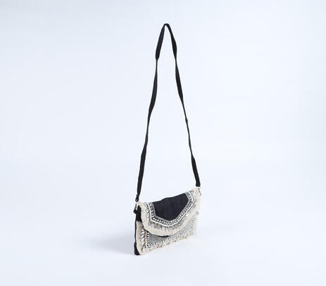 Metallic Embellished & Fringed Black Jute Sling Bag