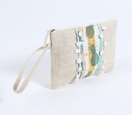 Pompom-Lined Tropical Jute Wristlet