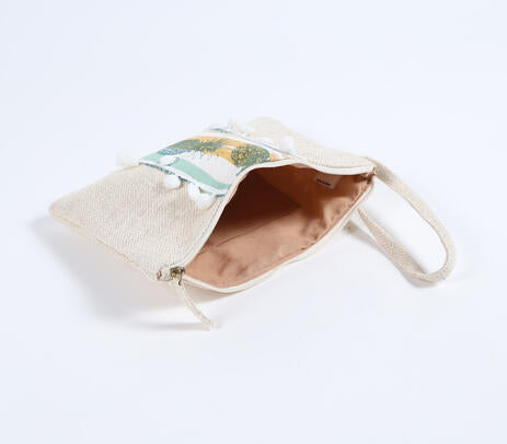 Pompom-Lined Tropical Jute Wristlet