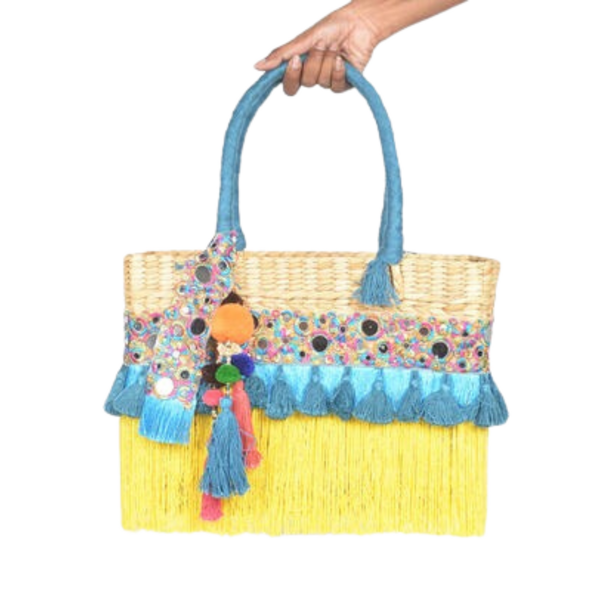 Tasseled Basket Woven Cane Yellow Handbag