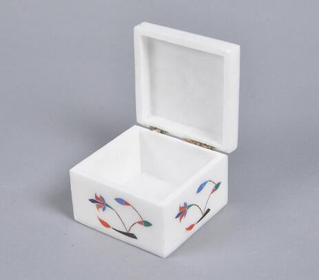 Inlaid Semi-Precious Stone & Marble Square Jewelry Box