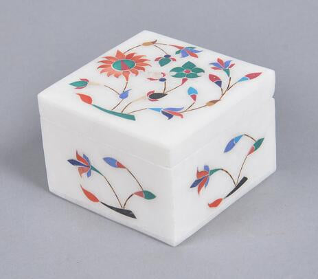 Inlaid Semi-Precious Stone & Marble Square Jewelry Box