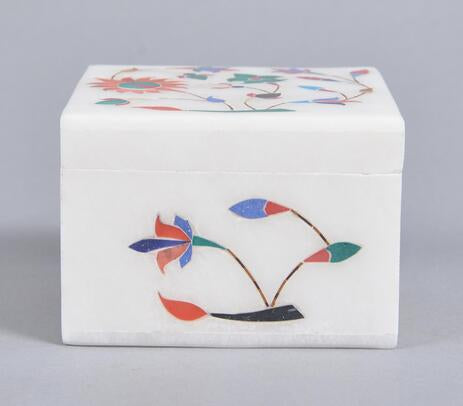 Inlaid Semi-Precious Stone & Marble Square Jewelry Box